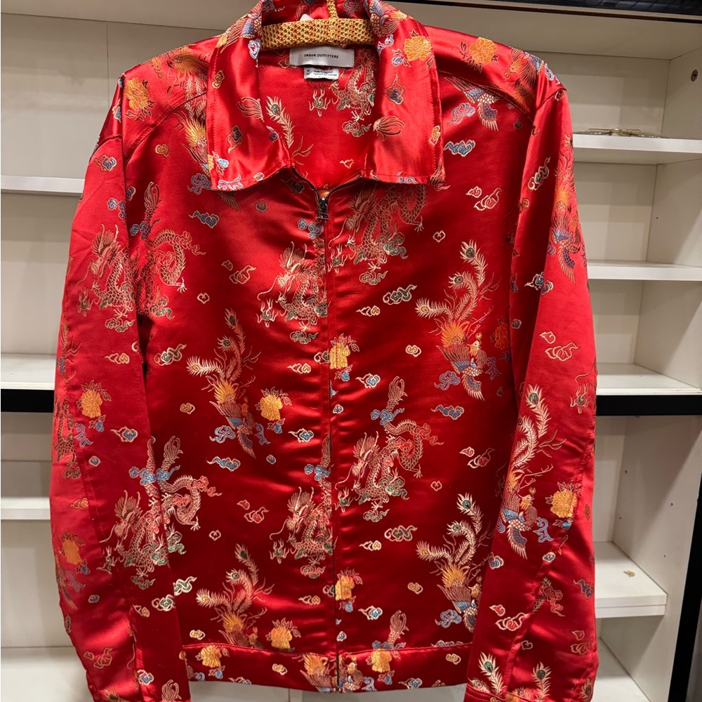 Urban Outfitters Red Satin Jacket with Dragon Embroidery